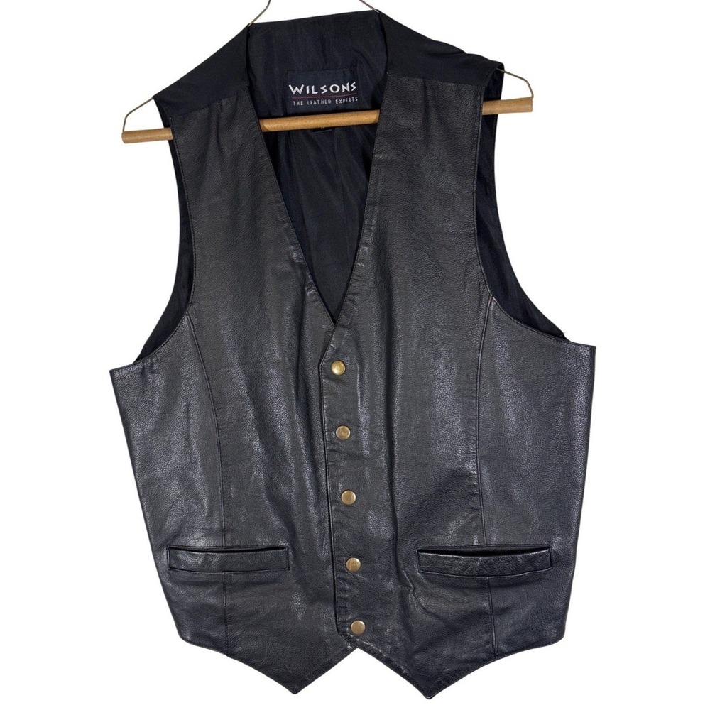 Wilsons Leather Vest Mens Medium Black Snap Front Cinch Back Waistcoat RN 69426